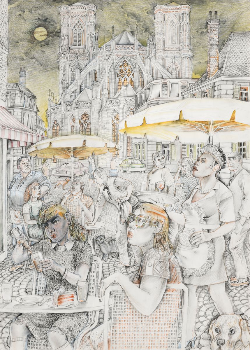 Helmut Goettl, 1934 Decin-2011, Im Straßencafé vor der Kathedrale, großformatige Blei- und Buntstiftzeichnung, ca. 100x74cm, u.Gl., R. ca. ...