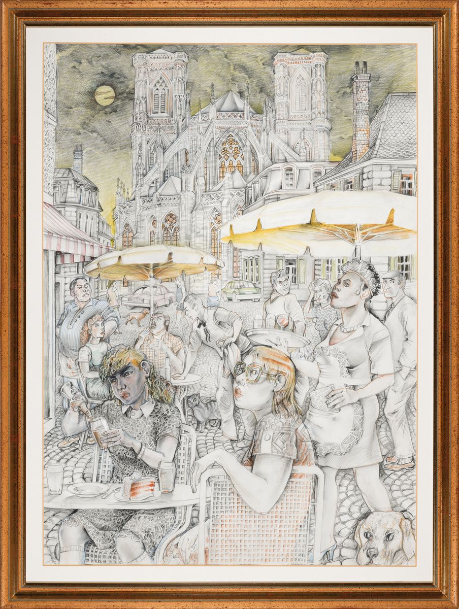 Detail k: Helmut Goettl, 1934 Decin-2011, Im Straßencafé vor der Kathedrale, großformatige Blei- und Buntstiftzeichnung, ca. 100x74cm, u.Gl., R. ca. ...