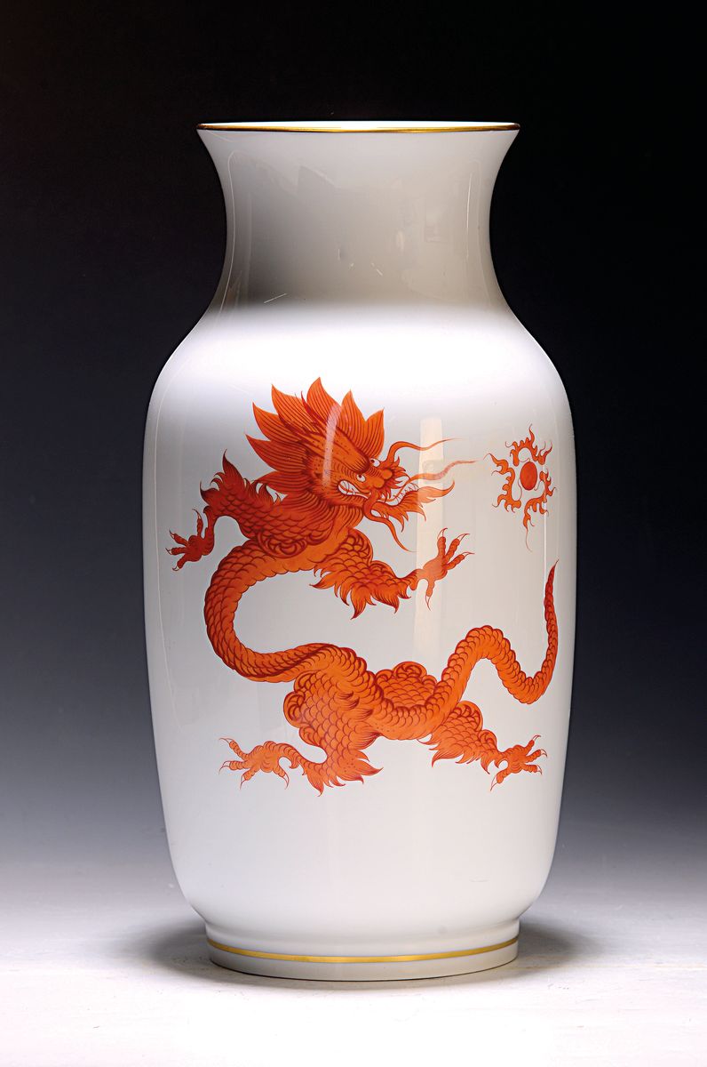 Große Vase, Meissen, 2. Wahl, Porzellan, Ming-Drache in Rot, Goldrand, H. ca. 36 cm