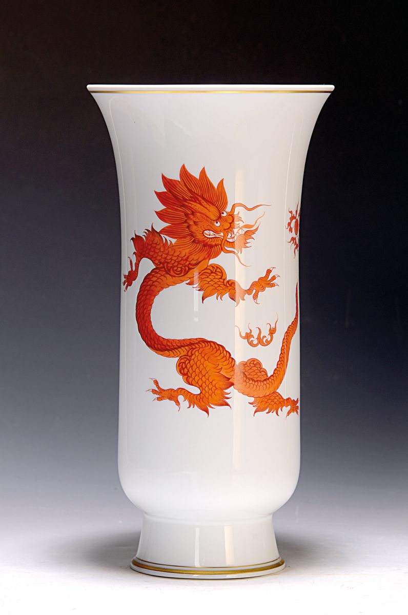 Große Vase, Meissen, 2. Wahl, Porzellan, Ming-Drache in Rot, Goldrand, H. ca. 35 cm