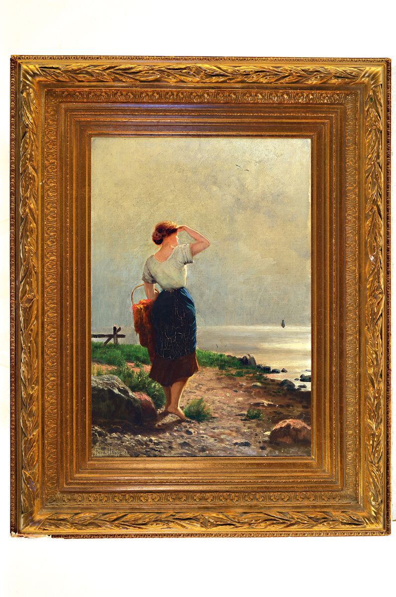 Detail k: Ferdinand Theodor Hoppe, 1848 Dorpat/Russland-1890 Köln, Erwartung, Junge Frau aufs Meer hinaus blickend, Öl/Lwd, links unten signiert, ca. ...