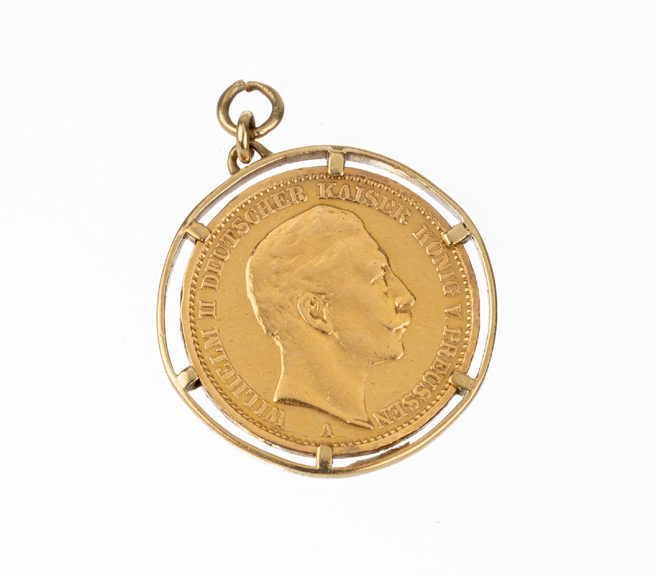 14 kt Gold Münzanhänger, GG 585/000, gefasste Goldmünze 20 Mark Deutsches Reich, 1908, Wilhelm II. Deutscher Kaiser König von Preußen, ca. 9.7 g
