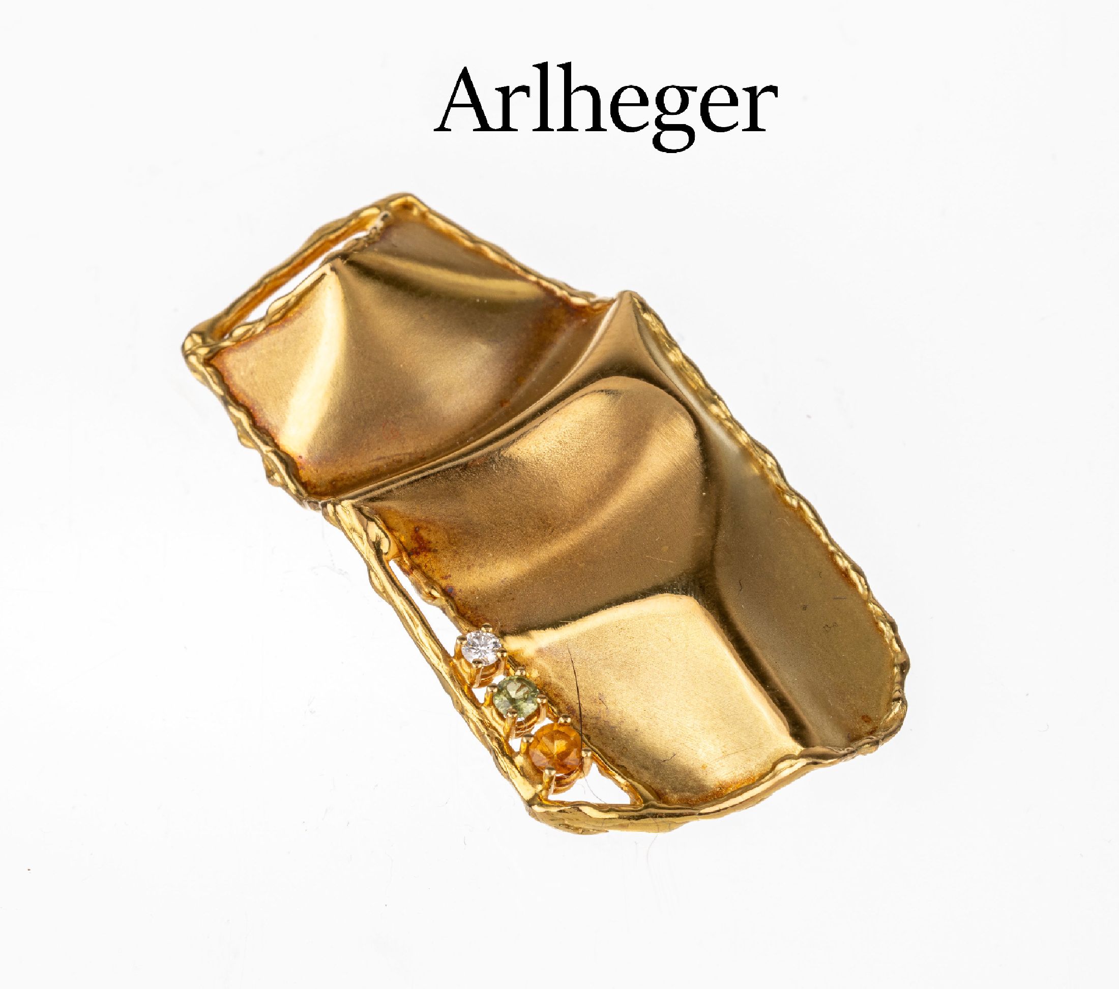 18 kt Gold Brillant-Farbstein-Brosche/ Anhänger, GG 750/000, mattiert und strukturiert, Meistermarke Arlheger/Wuppertal,1 Brill. ca. 0.01 ct ...