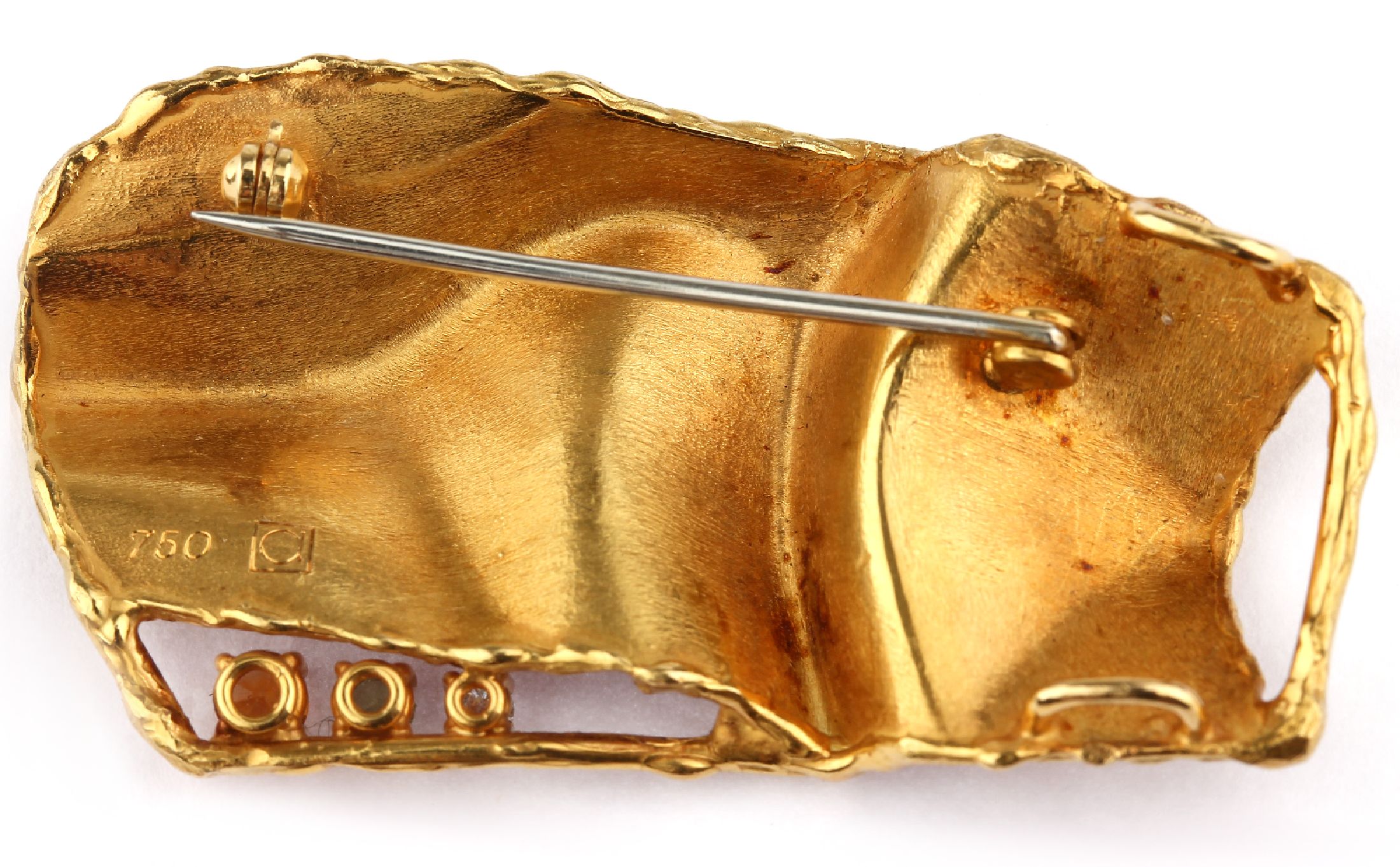 Detail a: 18 kt Gold Brillant-Farbstein-Brosche/ Anhänger, GG 750/000, mattiert und strukturiert, Meistermarke Arlheger/Wuppertal,1 Brill. ca. 0.01 ct ...
