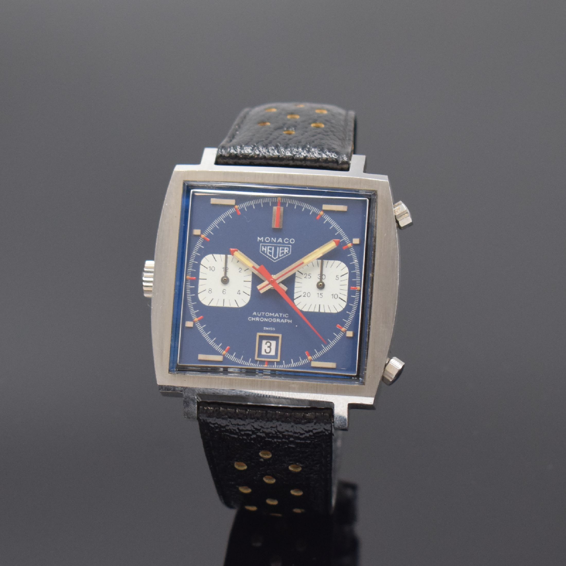 HEUER Monaco "Steve McQueen" Herrenarmbanduhr mit Chronograph Referenz 1133, Schweiz um 1972, Automatik, Monocoque-Geh. in Stahl inkl. ...