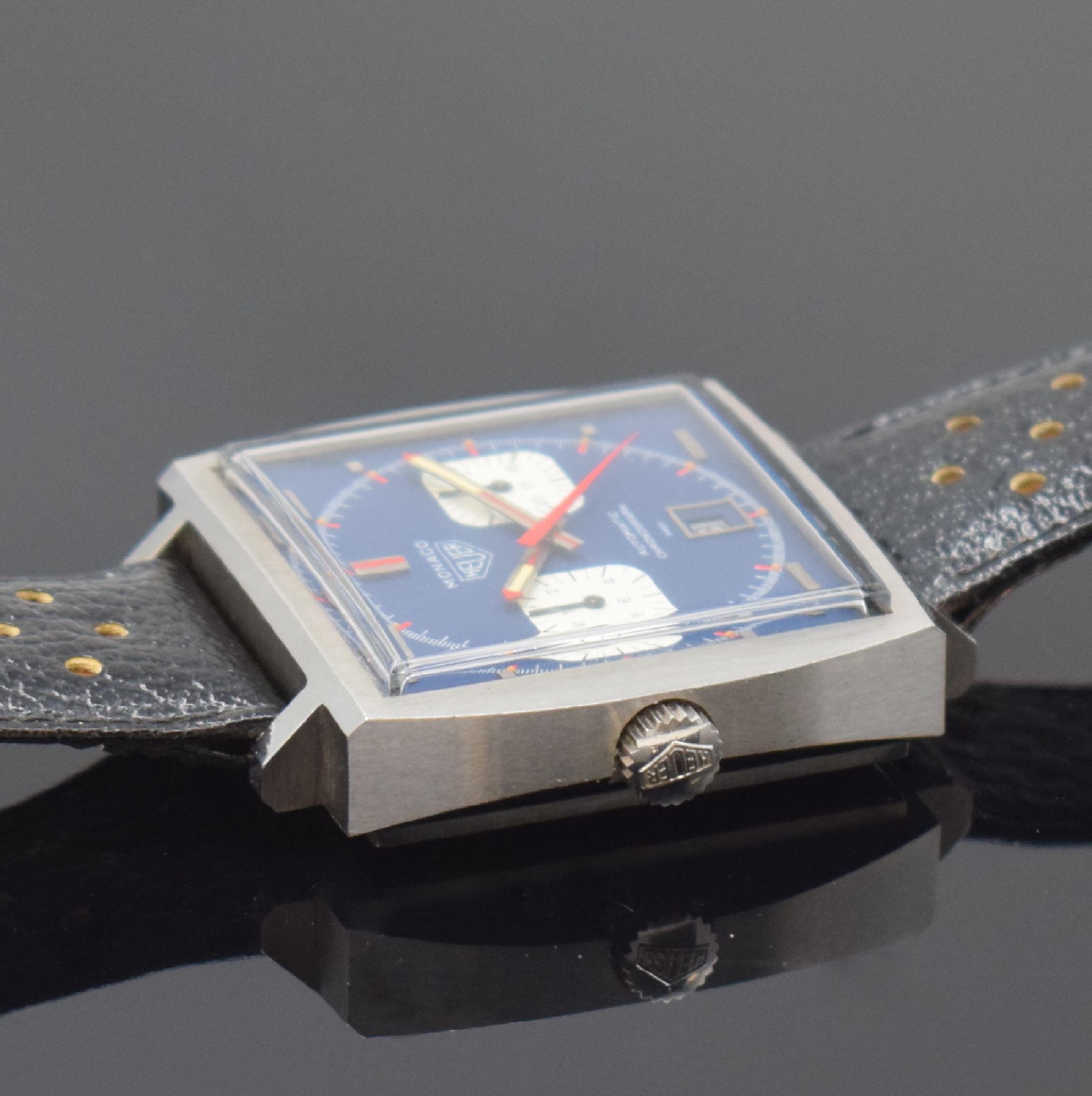 Detail c: HEUER Monaco "Steve McQueen" Herrenarmbanduhr mit Chronograph Referenz 1133, Schweiz um 1972, Automatik, Monocoque-Geh. in Stahl inkl. ...
