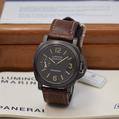 Image 26717187 - PANERAI very rare, limited gents wristwatch Luminor Marina Pre Vendome reference 5218 - 203/A no. 0043, manual winding, produced in a limited edition to 200 pieces, big, cushion shaped, water resistant to 30 ATM, stainless steel PVD-coated, military divers watch with original leather strap and original buckle, 3 piece construction, satine black, case, screwed down case back, straight lugs, windingcrown with patented security lever to wind thewatch under water, sapphire crystal, black dial with luminous Arabic numerals and indices, small Sek at 9, black baton hands, rhodium plated movement, 17 jewels, calibre ETA (UT6497), fausses cotes decoration, monometallic balance, flat hairspring, shock- absorber, measures approx. 44 x 44 mm, original mahogany-box with original covering box, hang tag, additional original leather strap with original buckle and original papers, sold in June 1996, condition 2, one ofthe most sought after Panerai, property of a collector