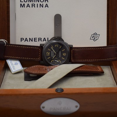 26717187e - PANERAI very rare, limited gents wristwatch Luminor Marina Pre Vendome reference 5218 - 203/A no. 0043, manual winding, produced in a limited edition to 200 pieces, big, cushion shaped, water resistant to 30 ATM, stainless steel PVD-coated, military divers watch with original leather strap and original buckle, 3 piece construction, satine black, case, screwed down case back, straight lugs, windingcrown with patented security lever to wind thewatch under water, sapphire crystal, black dial with luminous Arabic numerals and indices, small Sek at 9, black baton hands, rhodium plated movement, 17 jewels, calibre ETA (UT6497), fausses cotes decoration, monometallic balance, flat hairspring, shock- absorber, measures approx. 44 x 44 mm, original mahogany-box with original covering box, hang tag, additional original leather strap with original buckle and original papers, sold in June 1996, condition 2, one ofthe most sought after Panerai, property of a collector