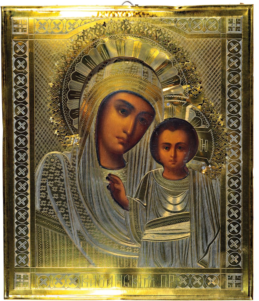 Ikone, Russland, um 1900, Gottesmutter mit Kind, Tempera auf Holz, fein ziseliertes und guillochiertes Messingoklad, ca. 31x26cm