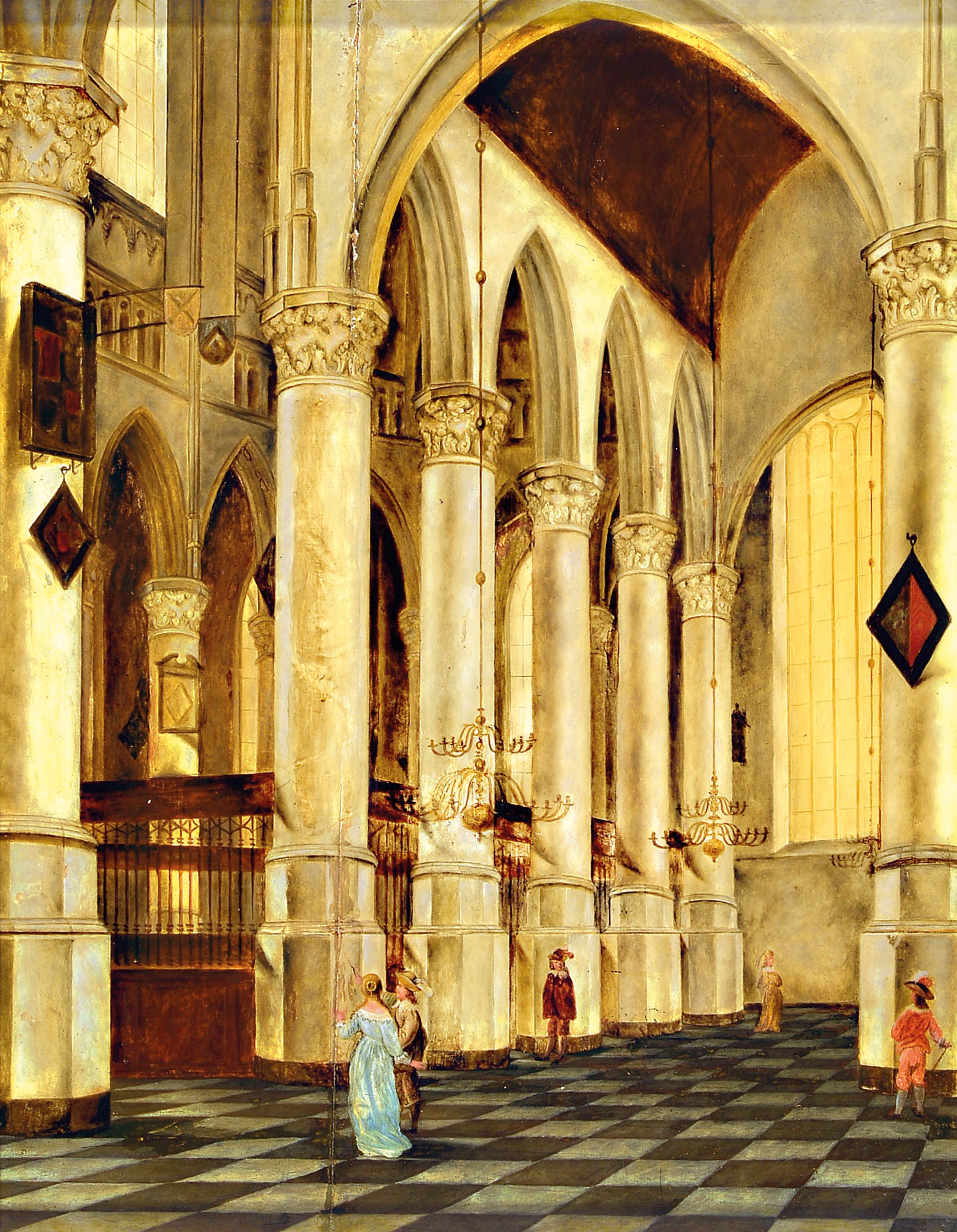 Unbekannter Künstler des frühen 19.Jh., Kircheninterieur, Öl/Holz, mit durchgehendem Längsriss, ca. 50x42cm, gestuckter Prunkrahmen besch., ca. ...