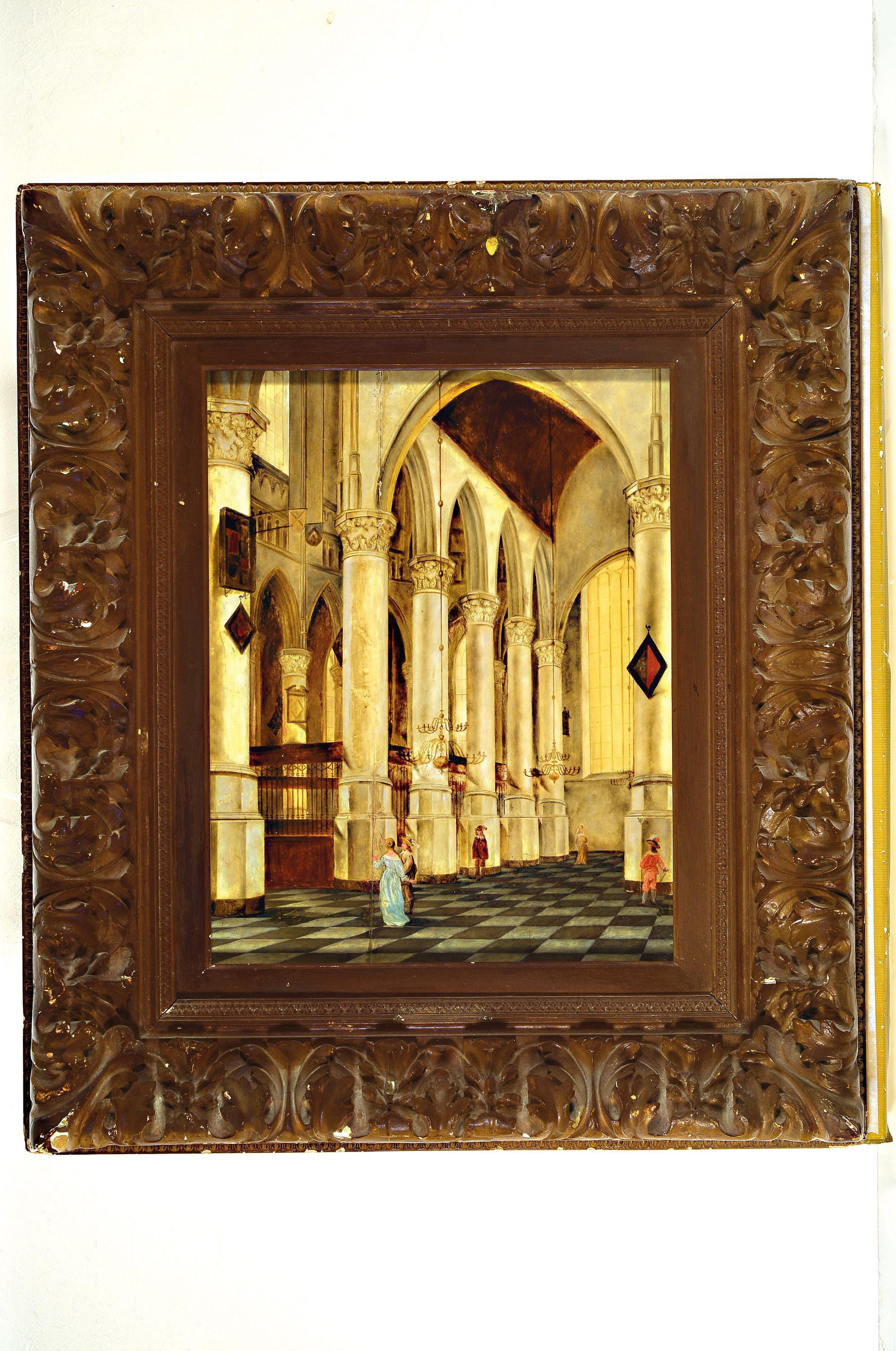 Detail k: Unbekannter Künstler des frühen 19.Jh., Kircheninterieur, Öl/Holz, mit durchgehendem Längsriss, ca. 50x42cm, gestuckter Prunkrahmen besch., ca. ...