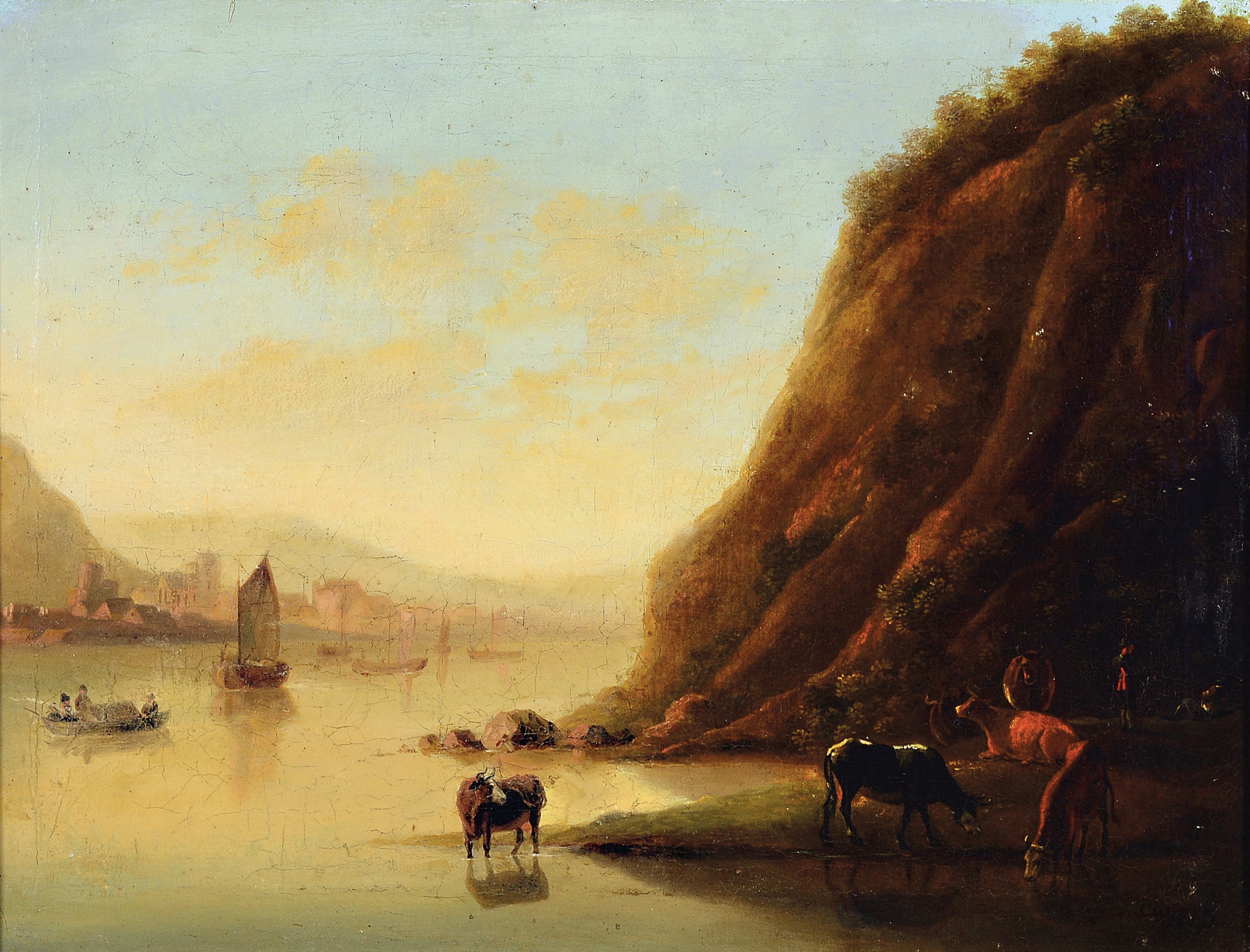 Maler des 19. Jh., nach Albert Cuyp, (1620-1691), Landschaft mit Flusstal, Steilhang, trinkenden Kühen am Ufer und Booten auf dem Wasser, am Ufer ...