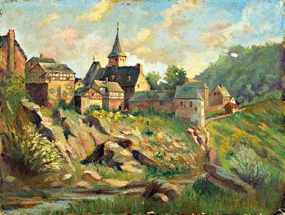 Image 26718308 - Paul Pützhofen-Hambüchen, 1879 Krefeld-1939 Bad Godesberg, 2 paintings in oil on canvas, view of a half-timbered house, left. signed below, approx. 40x30cm; View of a castle complex, right signed, approx. 30x40cm
