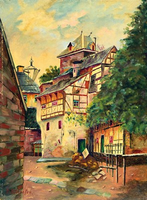 26718308a - Paul Pützhofen-Hambüchen, 1879 Krefeld-1939 Bad Godesberg, 2 paintings in oil on canvas, view of a half-timbered house, left. signed below, approx. 40x30cm; View of a castle complex, right signed, approx. 30x40cm