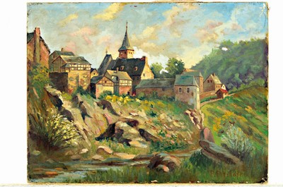 26718308k - Paul Pützhofen-Hambüchen, 1879 Krefeld-1939 Bad Godesberg, 2 paintings in oil on canvas, view of a half-timbered house, left. signed below, approx. 40x30cm; View of a castle complex, right signed, approx. 30x40cm