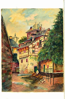 26718308l - Paul Pützhofen-Hambüchen, 1879 Krefeld-1939 Bad Godesberg, 2 paintings in oil on canvas, view of a half-timbered house, left. signed below, approx. 40x30cm; View of a castle complex, right signed, approx. 30x40cm