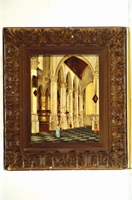 26718346k - Unknown artist of the early 19th century, church interior, oil/wood, with continuous longitudinal crack, approx. 50x42cm, stuccoed magnificent frame, dam., approx. 79x68cm