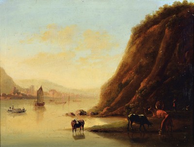Image 26718365 - Painter of the 19th century, after Albert Cuyp, (1620-1691), landscape with river valley, steep slope, drinking cows on the bankand boats on the water, a village on the opposite bank, oil/canvas, craquelure due to age, fine reproduction of the hazy Mood, approx. 38x49cm, frame with nameplate Cuyp approx. 56x67cm