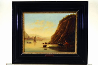 26718365k - Painter of the 19th century, after Albert Cuyp, (1620-1691), landscape with river valley, steep slope, drinking cows on the bankand boats on the water, a village on the opposite bank, oil/canvas, craquelure due to age, fine reproduction of the hazy Mood, approx. 38x49cm, frame with nameplate Cuyp approx. 56x67cm
