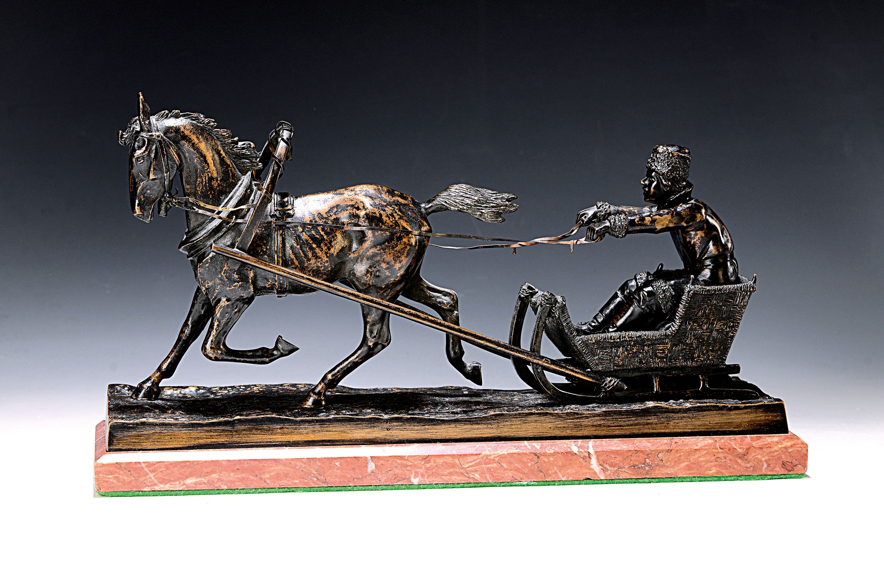 Bronzeskulptur, deutsch, um 1910, Mann im Pferdeschlitten, Gießerstempel Gladenbeck, Marmorplinthe, ca. 22x37x11cm