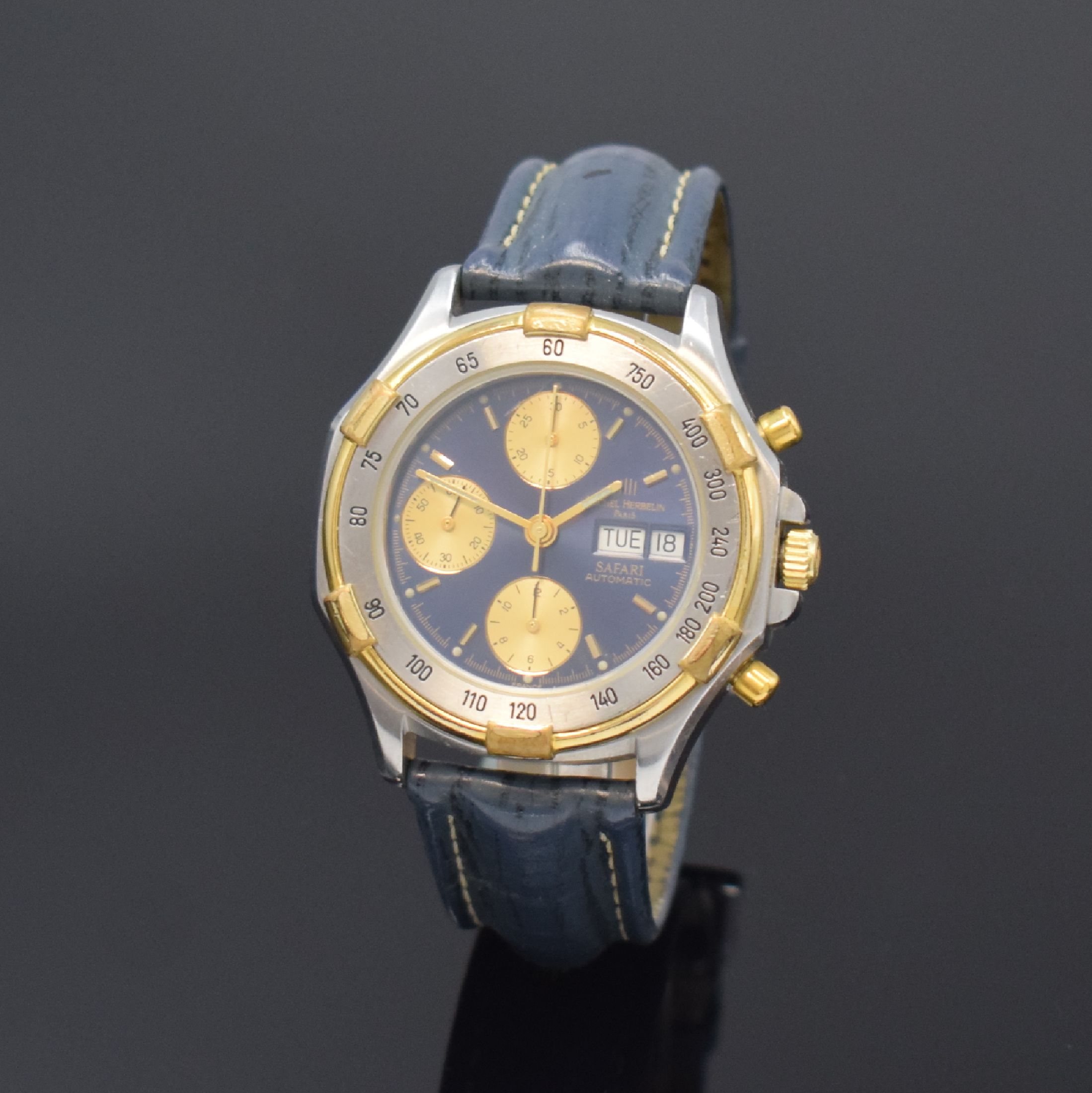 MICHEL HERBELIN Armbandchronograph Serie Safari, Automatik, Schweiz um 1990, Edelstahlgeh., Boden und Krone verschr., teilverg. Lün. mit ...