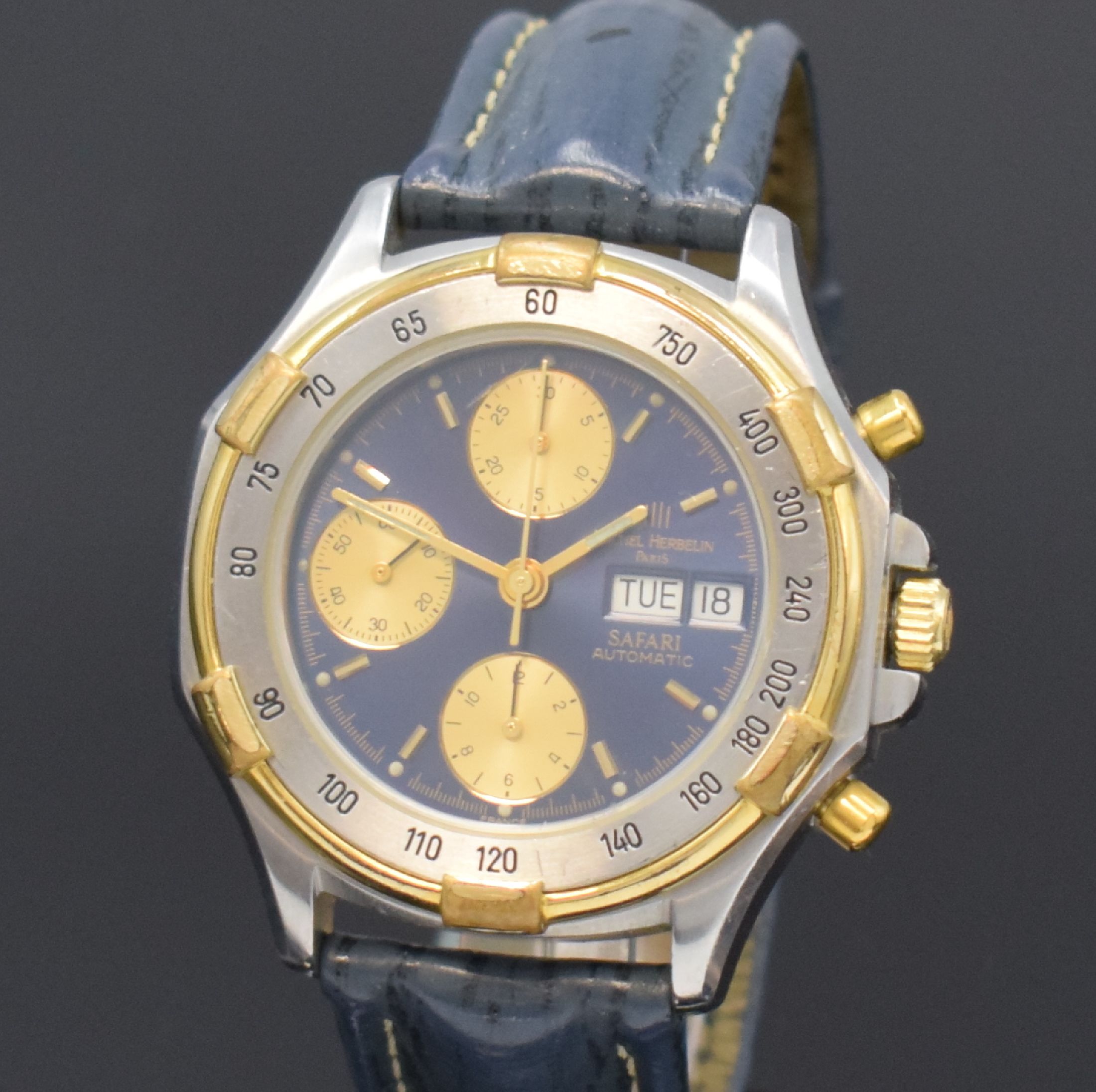 Detail a: MICHEL HERBELIN Armbandchronograph Serie Safari, Automatik, Schweiz um 1990, Edelstahlgeh., Boden und Krone verschr., teilverg. Lün. mit ...