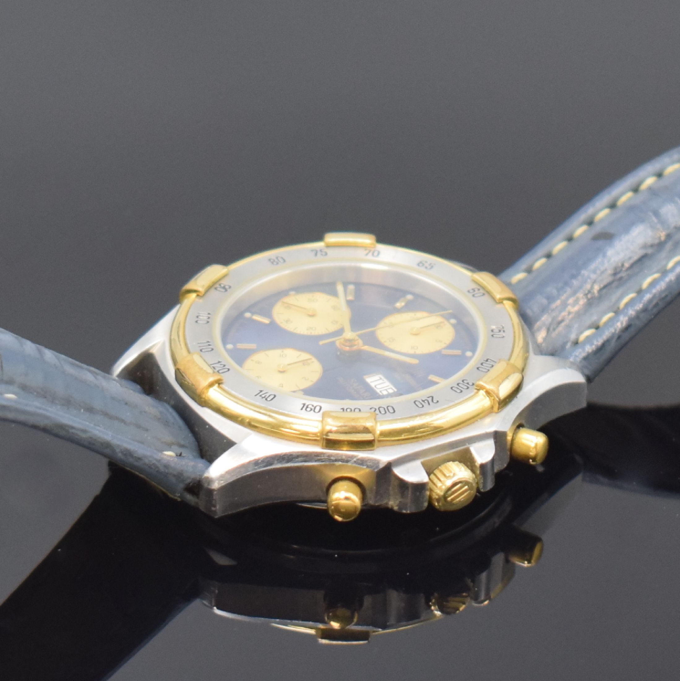 Detail c: MICHEL HERBELIN Armbandchronograph Serie Safari, Automatik, Schweiz um 1990, Edelstahlgeh., Boden und Krone verschr., teilverg. Lün. mit ...