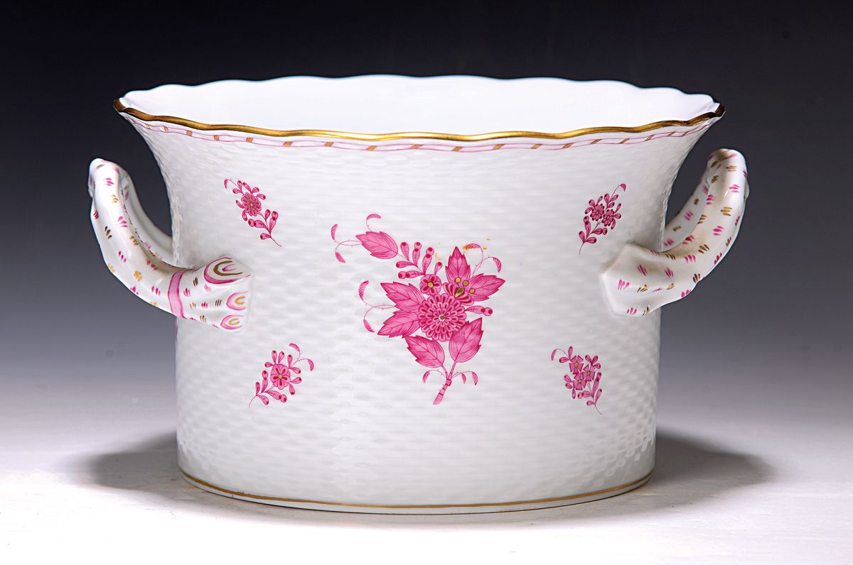 Blumenübertopf, Herend Ungarn, Dekor Apponyi purpur, zwei Henkel, H. ca. 16cm, innen D. ca. 19cm