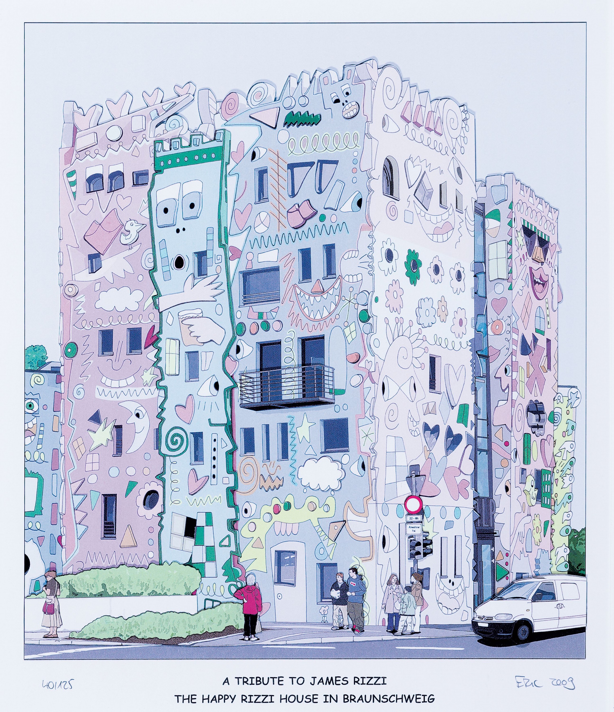 Eric Rob, 1954-2013, "A tribute to James Rizzi", 3D-Konstruktion vom Rizzi-Haus Braunschweig, handsign., num. 40/125, Motiv 31x25 cm, R. ...