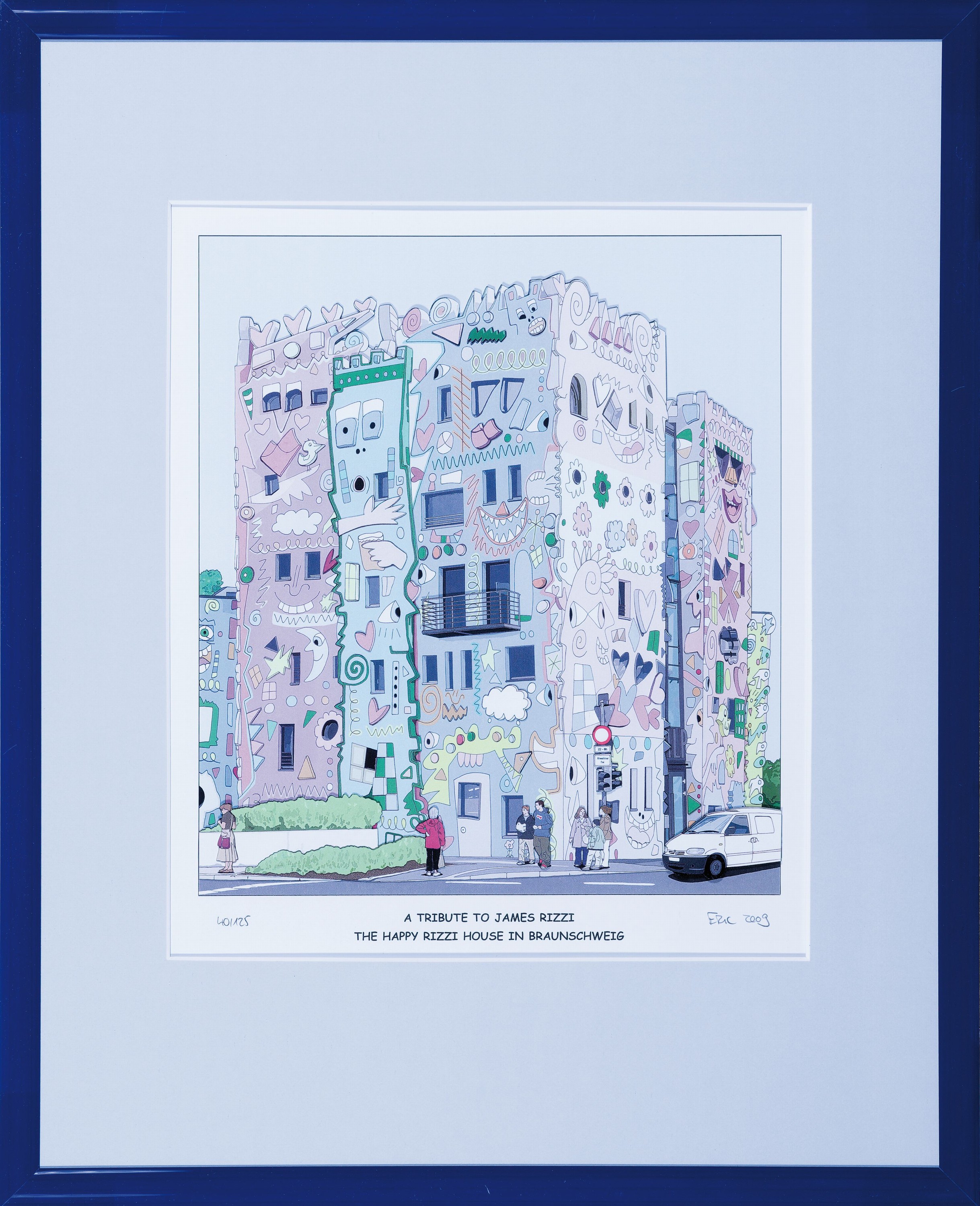 Detail k: Eric Rob, 1954-2013, "A tribute to James Rizzi", 3D-Konstruktion vom Rizzi-Haus Braunschweig, handsign., num. 40/125, Motiv 31x25 cm, R. ...