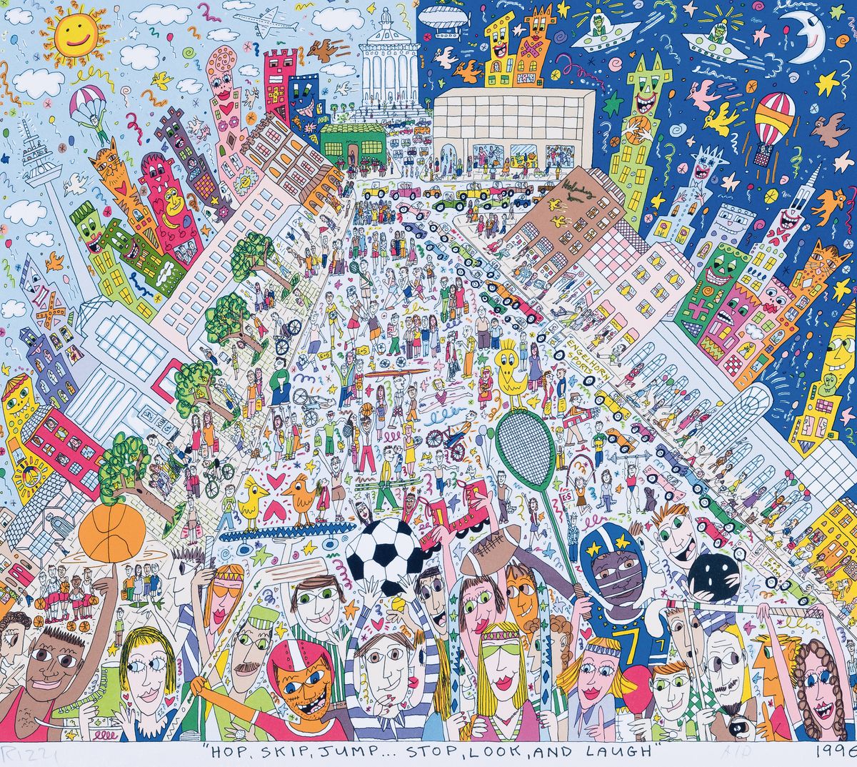 James Rizzi, 1950-2011, "Hop, Skip, Jump.... Stop, Look and Laugh", Lithografie von 1996, handsign., A/P, ca. 43x47 cm, l. stockfleckig