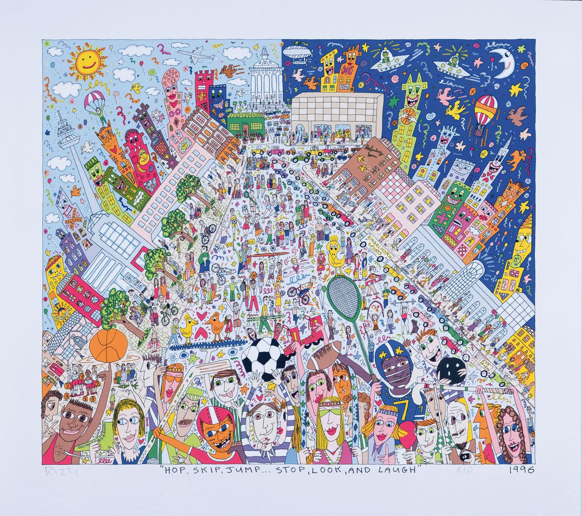 Detail k: James Rizzi, 1950-2011, "Hop, Skip, Jump.... Stop, Look and Laugh", Lithografie von 1996, handsign., A/P, ca. 43x47 cm, l. stockfleckig