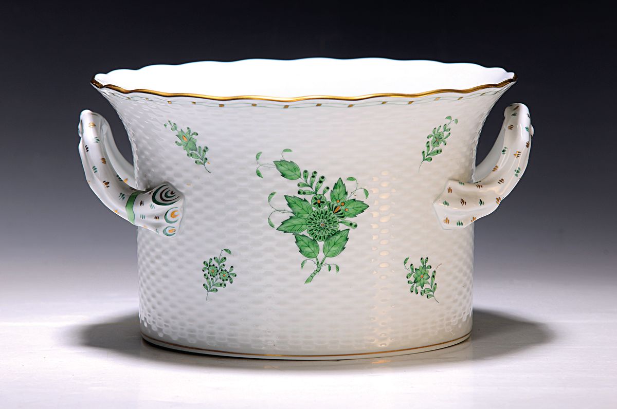 Blumenübertopf, Herend Ungarn, Dekor Apponyi grün, Porzellan, Goldstaffage, H. ca. 16cm, D. ca. 19cm
