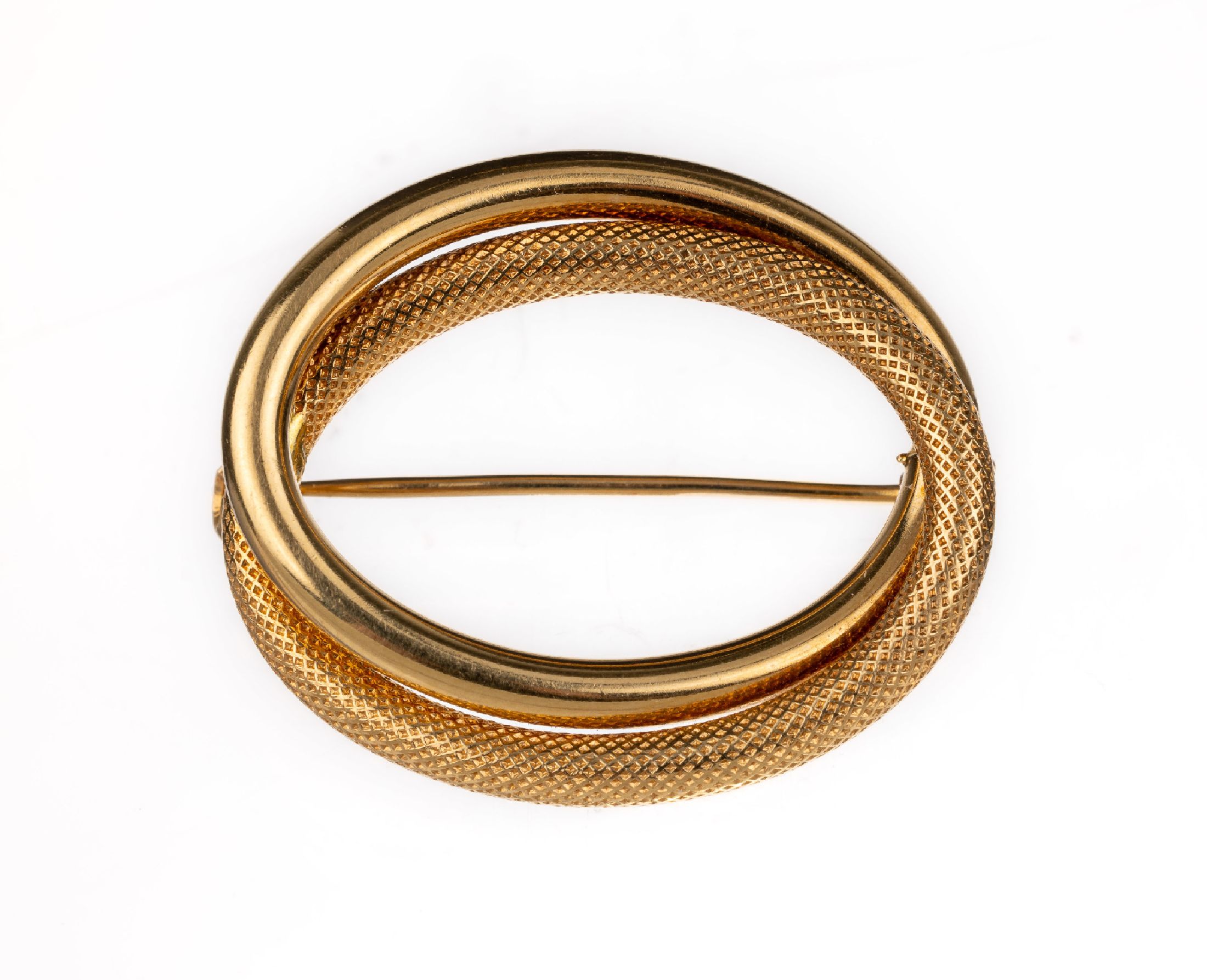 18 kt Gold Brosche, GG 750/000, ovale Form, ineinander verschlungen, 1 x strukt., 1 x pol., ca. 3.4 x 3.0 cm, ca. 6 g