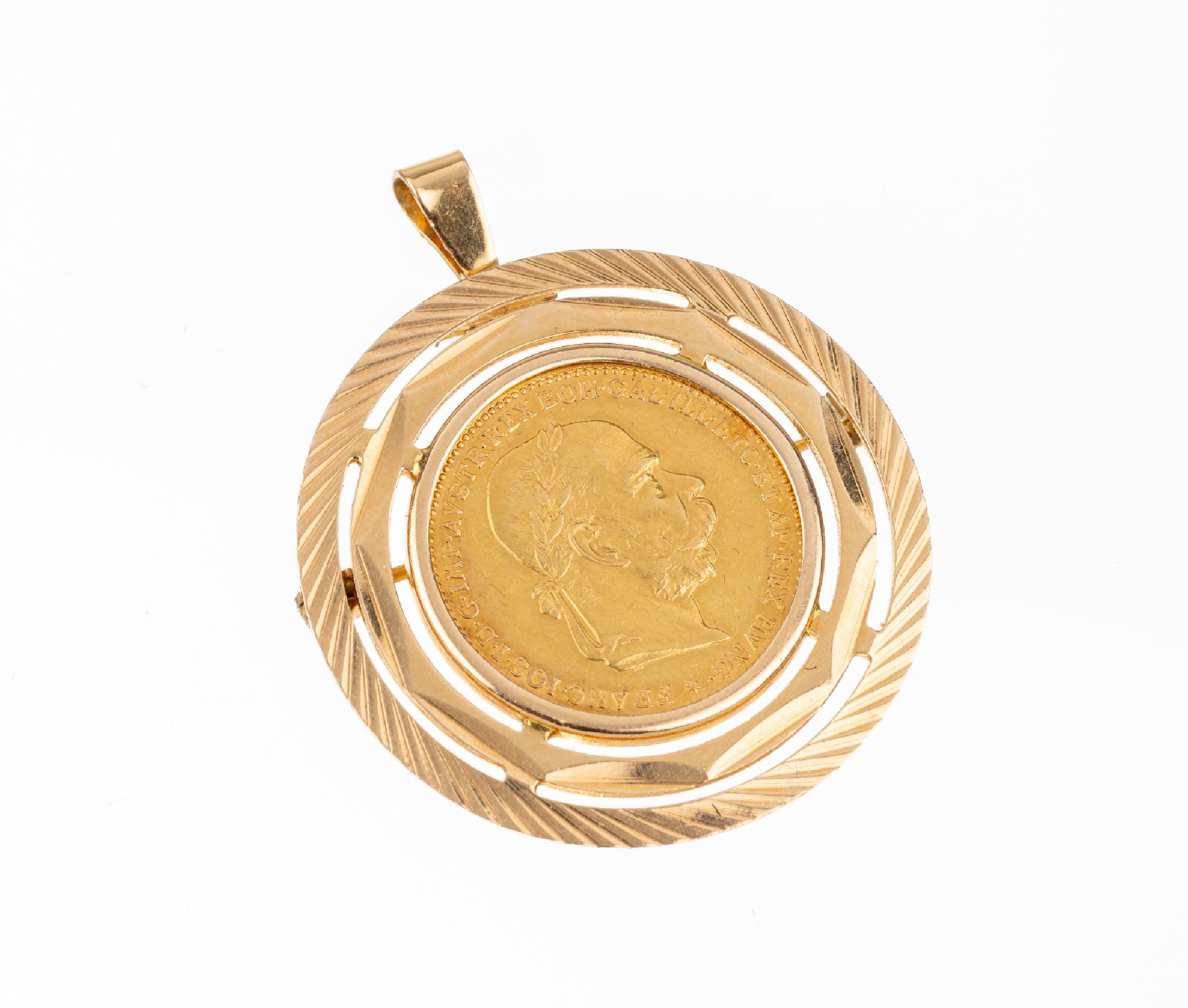 18 kt Gold Münz Anhänger/Brosche, GG 750/000, Goldmünze: 20 Kronen, Österreich 1894, Franz Joseph I., offizielle Nachprägung,total ca. 13.5 g