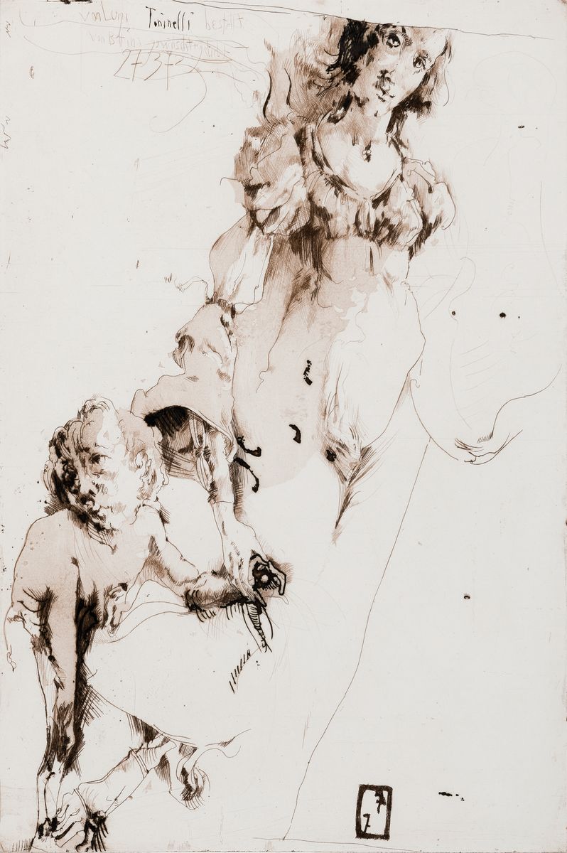 Horst Janssen, 1929-1995 Hamburg, Radierung,"Von Luigi Toninelli bestellt, von Bettina gewünscht + geliebt", 1973, Ed. 74/90, ...
