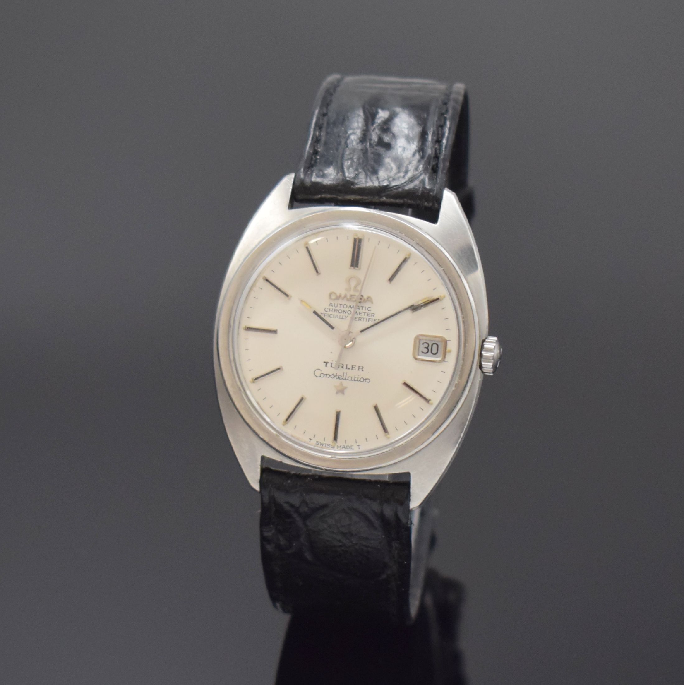 OMEGA Constellation Chronometer Armbanduhr in Stahl Referenz 168.017, Schweiz um 1969, Automatik, Boden m. Darst. Sternwarte verschr., silb. ...