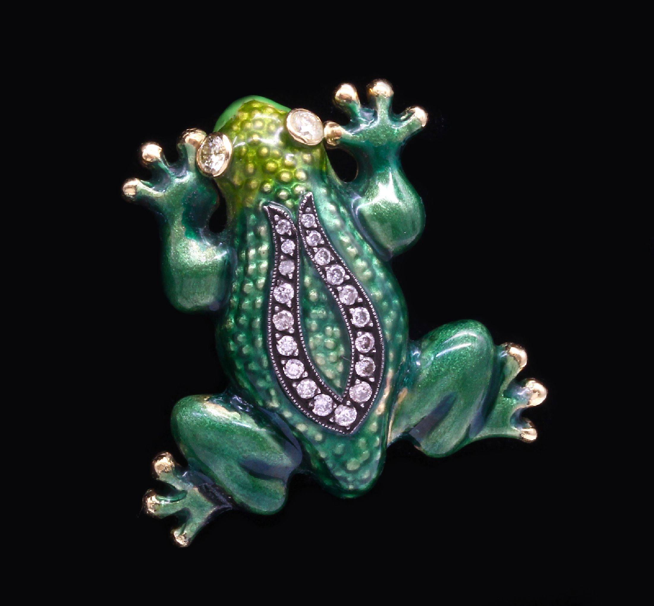 Detail c: 18 kt Gold Email Diamant Brosche, "Frosch" GG 750/000 gepr., grün changierend, 19 Diamanten zus. ca. 0.16 ct ...