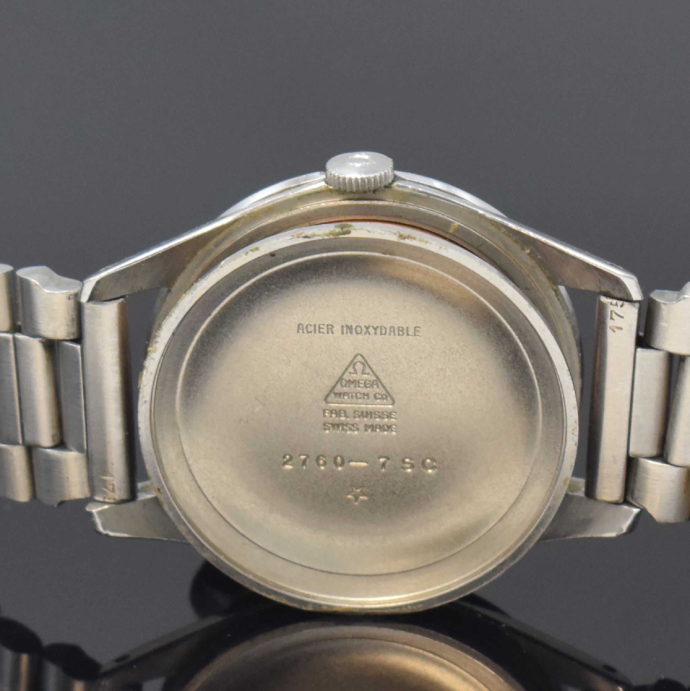Detail f: OMEGA große Herrenarmbanduhr in Edelstahl Referenz 2760-7SC, Handaufzug, Schweiz um 1955, 3-teil. Geh. inkl. orig. Gliederband m. Faltschl. Ref. ...