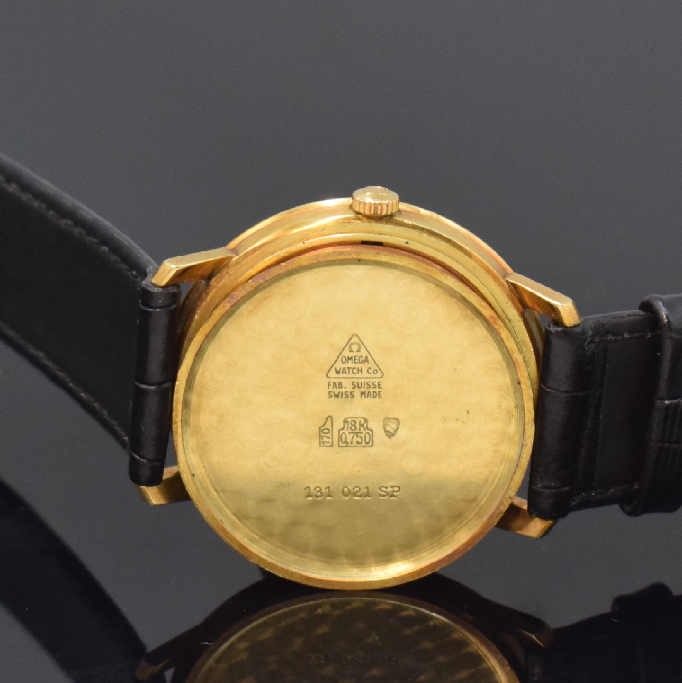 Detail f: OMEGA Geneve Herrenarmbanduhr in GG 585/000 Referenz 131.021, Schweiz um 1969, Handaufzug, 3-teil. Geh., Boden und Glasrand aufgedr., vers. Zifferbl. ...
