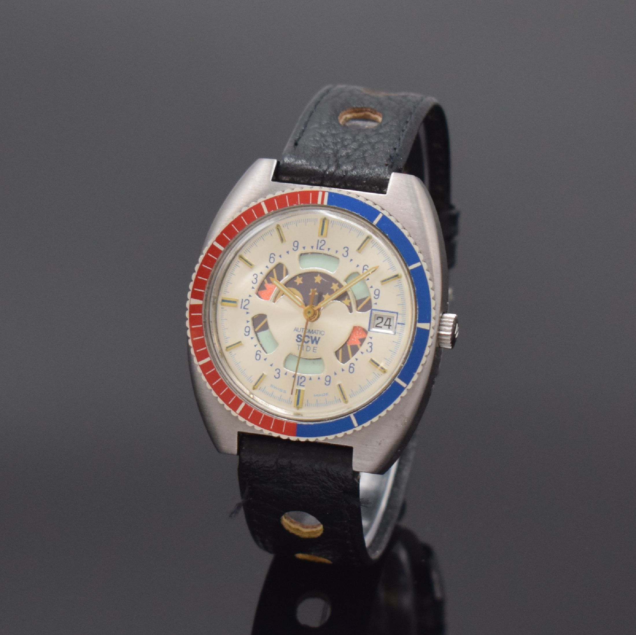SCW Tiden-Armbanduhr, Automatik, Schweiz um 1960, Automatik, ungetr. Lagerw., Edelstahlgeh., Boden m. Sichtfenster aufgedr.,silberfarb. Zifferblatt ...