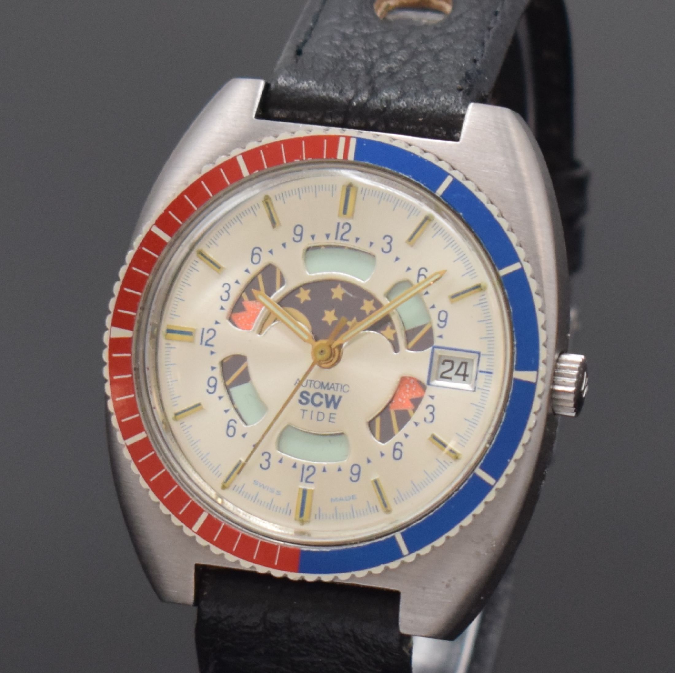 Detail a: SCW Tiden-Armbanduhr, Automatik, Schweiz um 1960, Automatik, ungetr. Lagerw., Edelstahlgeh., Boden m. Sichtfenster aufgedr.,silberfarb. Zifferblatt ...