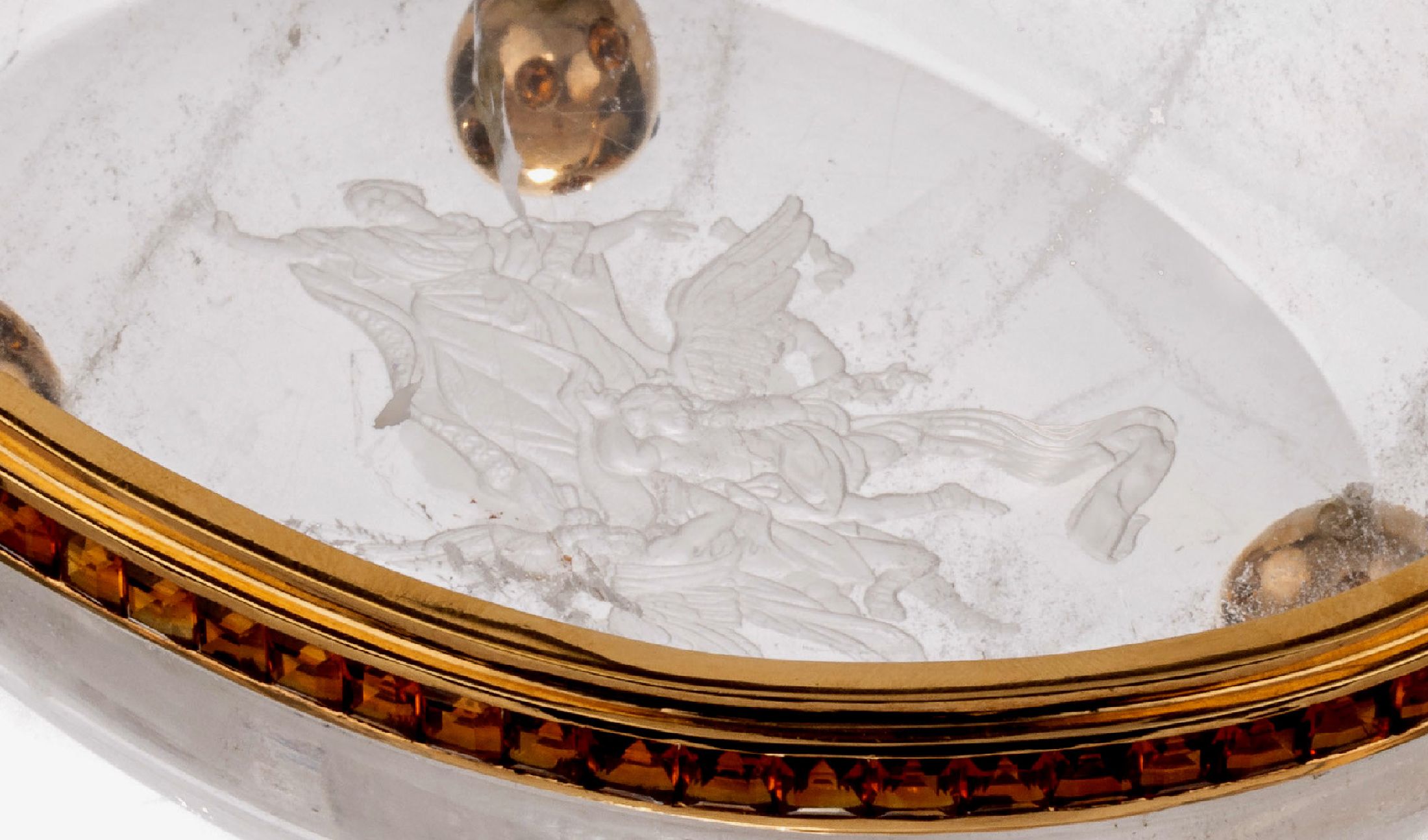 Detail c: Außergewöhnliche 14 kt Gold Bergkristall -Citrin-Anbietschale, GG 585/000 gepr., Korpus aus einem Stück Bergkristall mit nat. Merkmalen, Boden ...