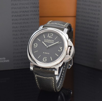 Image PANERAI Luminor 8 Days reference PAM00560, manual winding, on 3000 pieces limited, on both sides glazed stainless steel case, screwed down case back, winding crown under protection bow, original leather strap with buckle, black dial with luminous indices and luminous hands, diameter approx. 44 mm, original box and part filled papers enclosed, condition 2