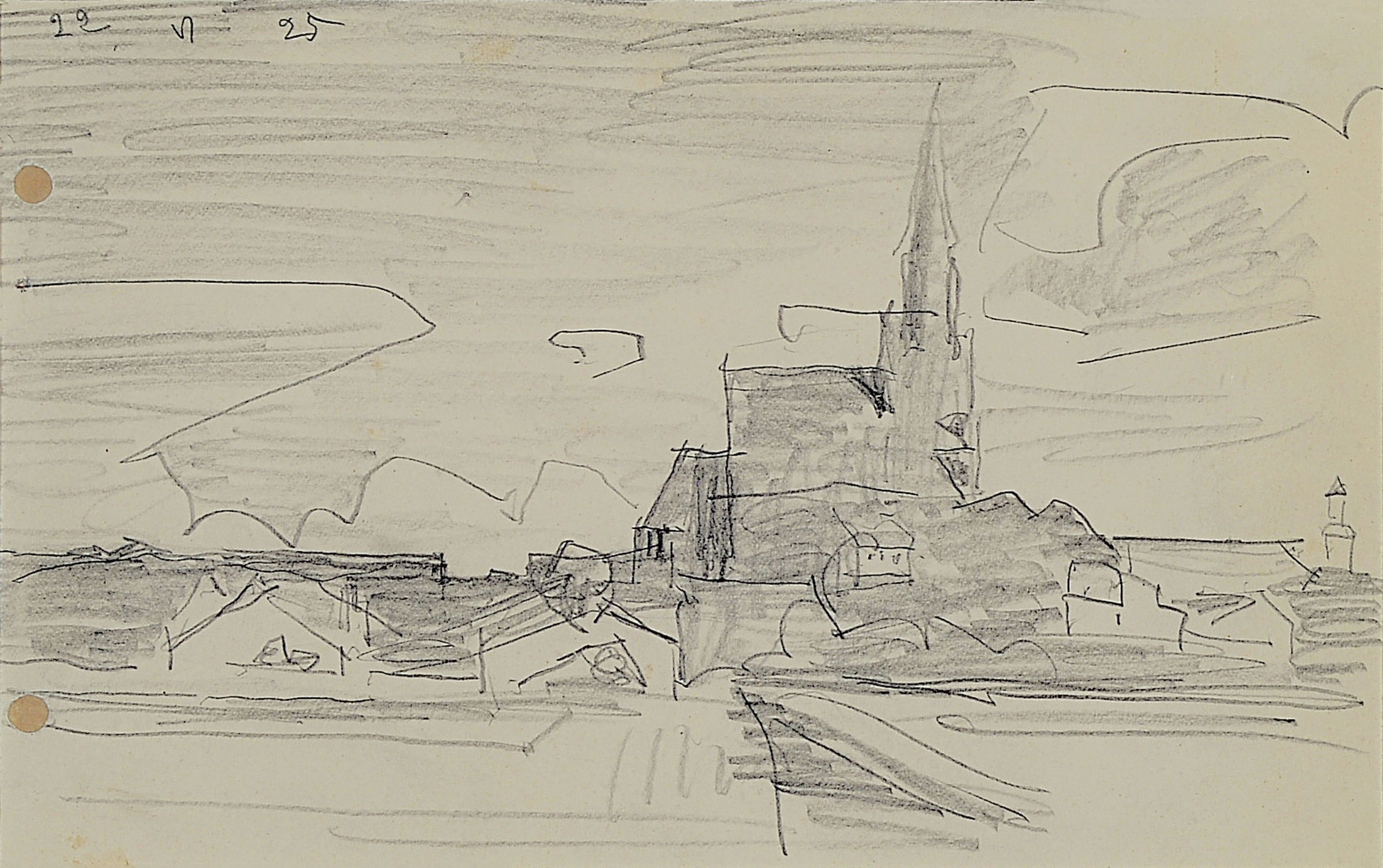 Lyonel Feininger, 1871-1956 New York, Bleistiftzeichnung auf links gelochtem Papier, "Blick auf Treptow an der Rega", Marienkirche Treptow, ...