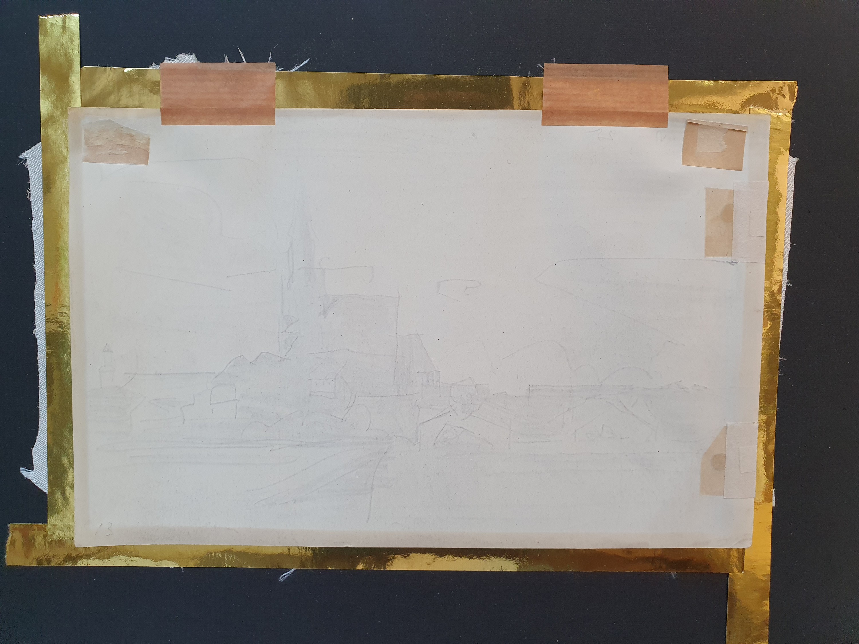 Detail d: Lyonel Feininger, 1871-1956 New York, Bleistiftzeichnung auf links gelochtem Papier, "Blick auf Treptow an der Rega", Marienkirche Treptow, ...