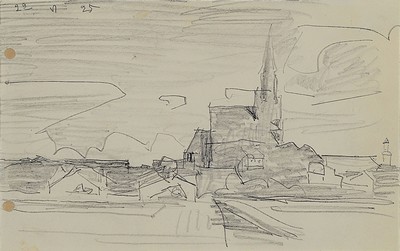 Image 26719531 - Lyonel Feininger, 1871-1956 New York, pencil drawing on paper with perforations on the left, "View of Treptow an der Rega", Marienkirche Treptow, 1925, hand-dated at the top left "22. VI. 25", sheet 14x22 cm, remains of glue on the back, framed under glass 36x42 cm, Achim Moeller, director of the Lyonel Feininger Project LLC, New York/Berlin, has confirmed the authenticity of this work, which is registered in the archives of the Lyonel Feininger Project under the number 1900 02-28 -24, confirmed; a certificate is included with the work; from a private collection, acquired in the Stuttgart art trade in 1974: reference to a collection with a close acquaintance with Feininger