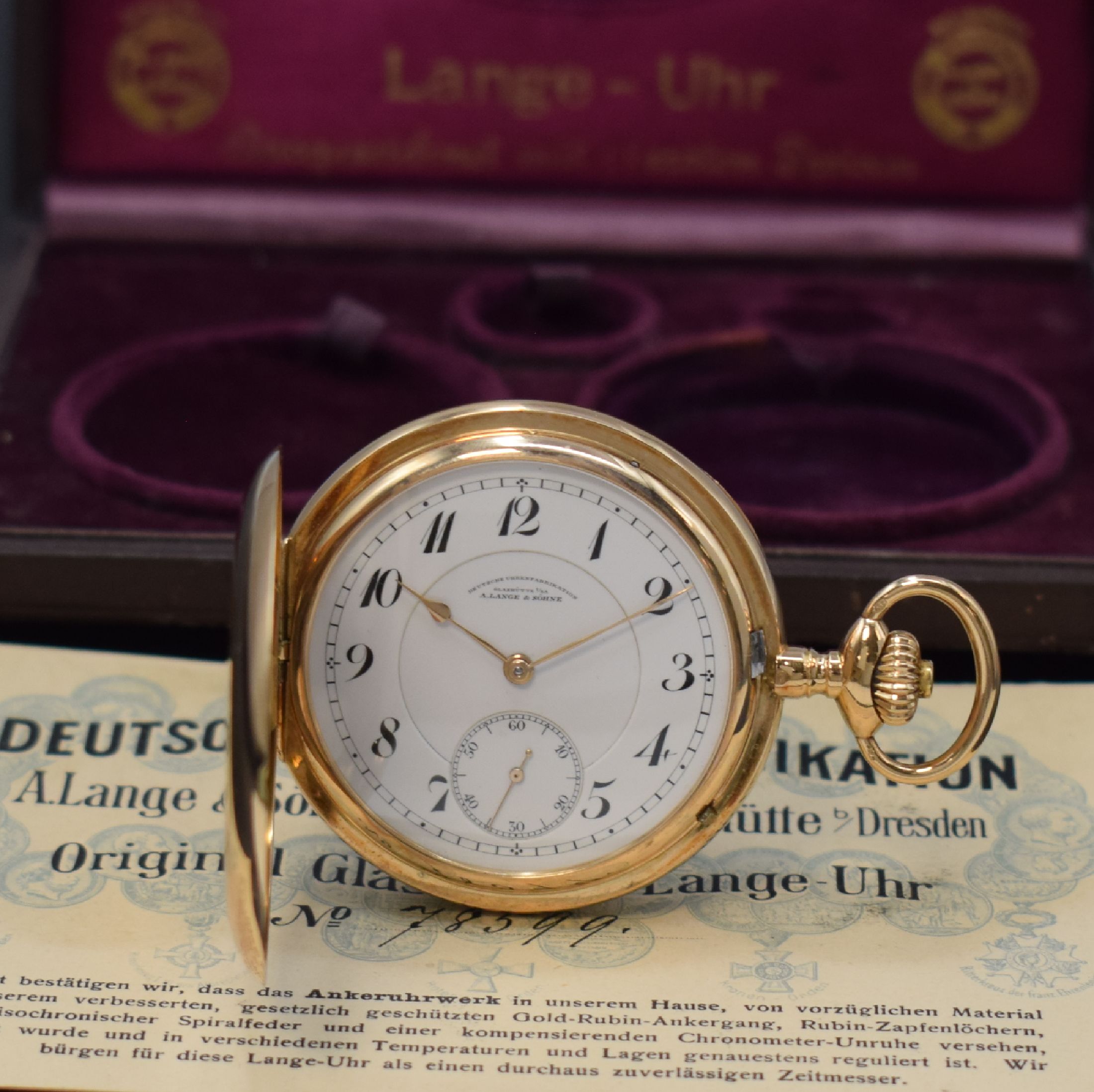 DEUTSCHE UHRENFABRIKATION A. Lange & Söhne Savonette Herren-Goldtaschenuhr, Werk- u. Geh.-Nr. 78599, Deutschland 1922, GG 585/000 Lucia-Geh., perf. ...