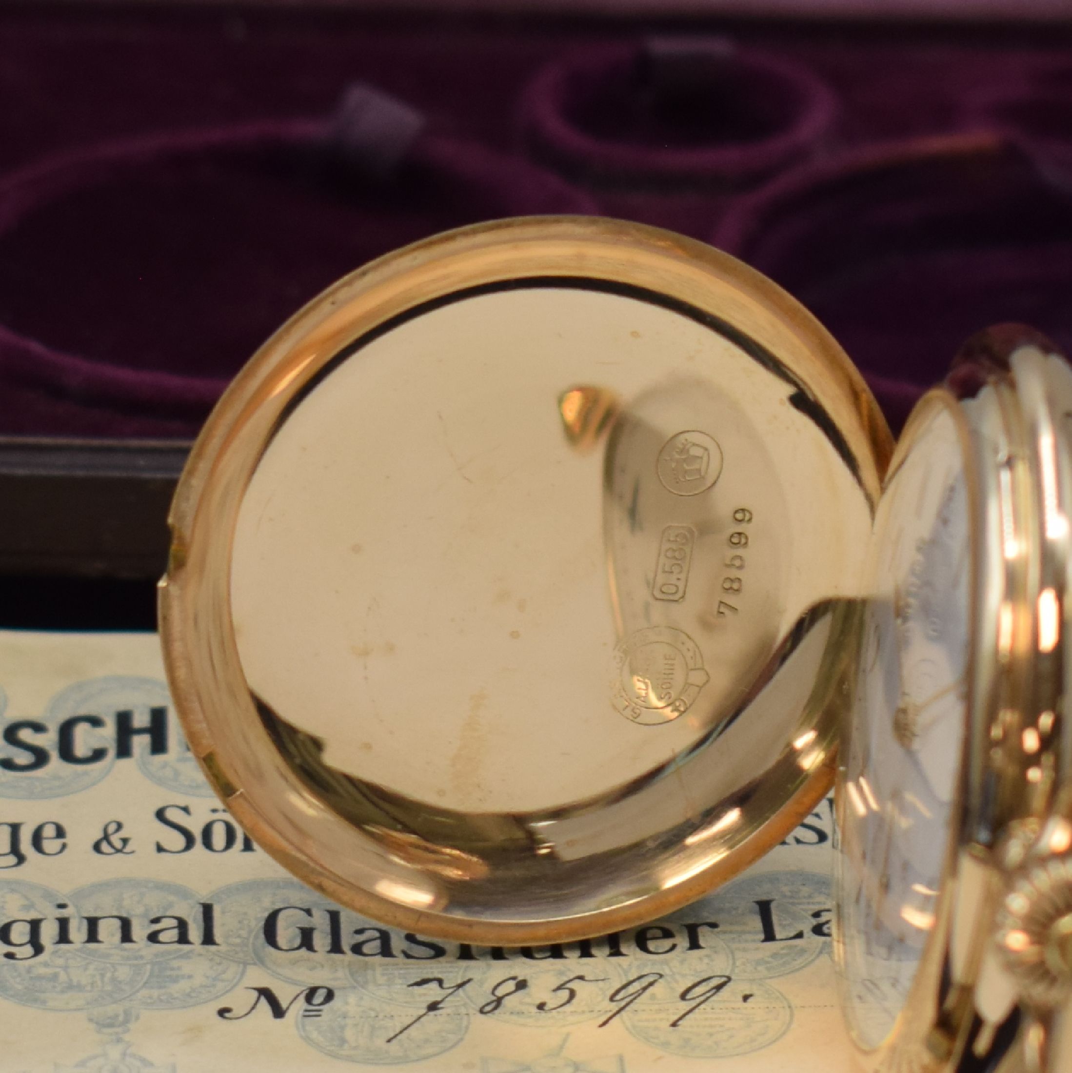Detail b: DEUTSCHE UHRENFABRIKATION A. Lange & Söhne Savonette Herren-Goldtaschenuhr, Werk- u. Geh.-Nr. 78599, Deutschland 1922, GG 585/000 Lucia-Geh., perf. ...