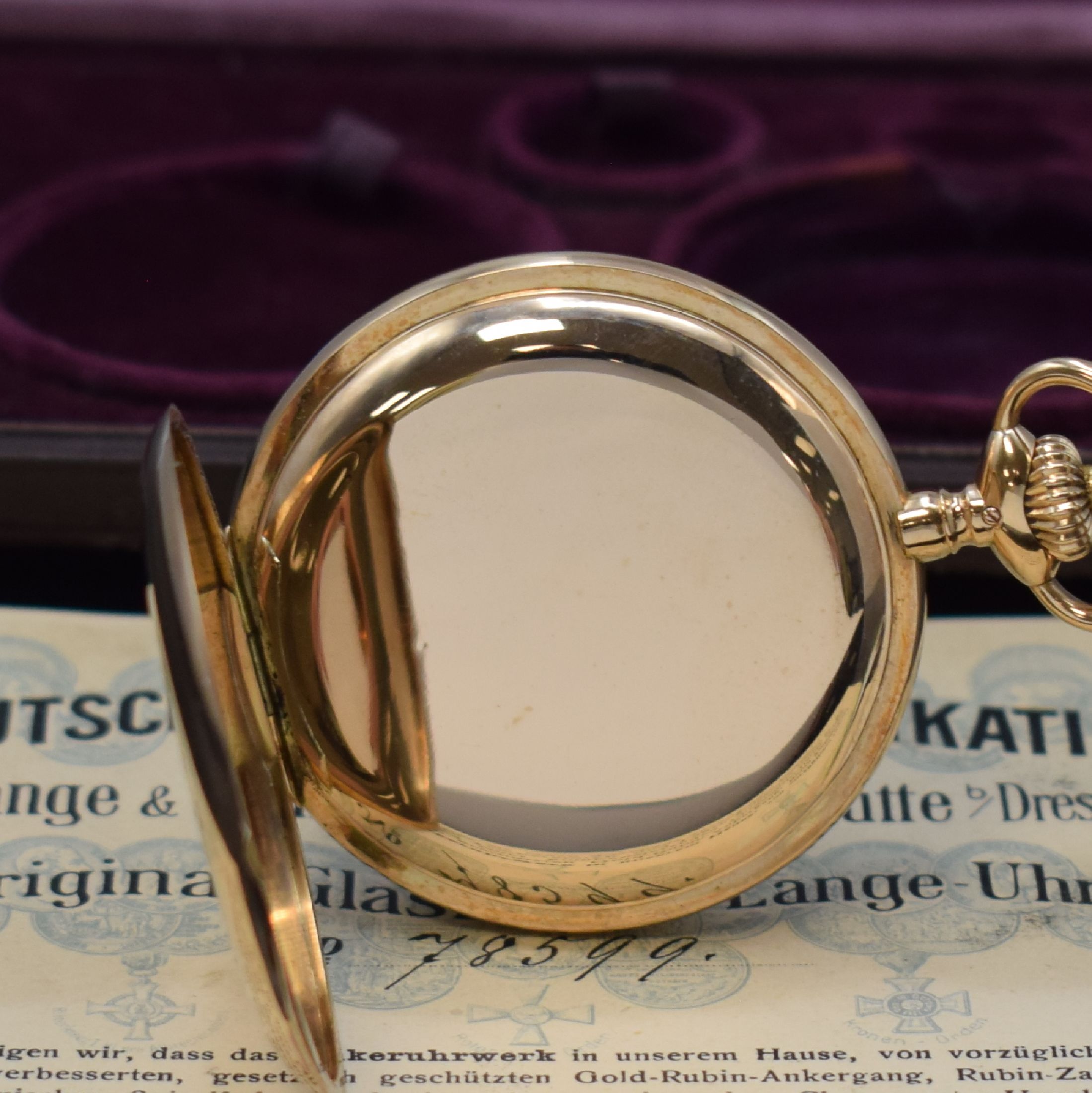 Detail d: DEUTSCHE UHRENFABRIKATION A. Lange & Söhne Savonette Herren-Goldtaschenuhr, Werk- u. Geh.-Nr. 78599, Deutschland 1922, GG 585/000 Lucia-Geh., perf. ...